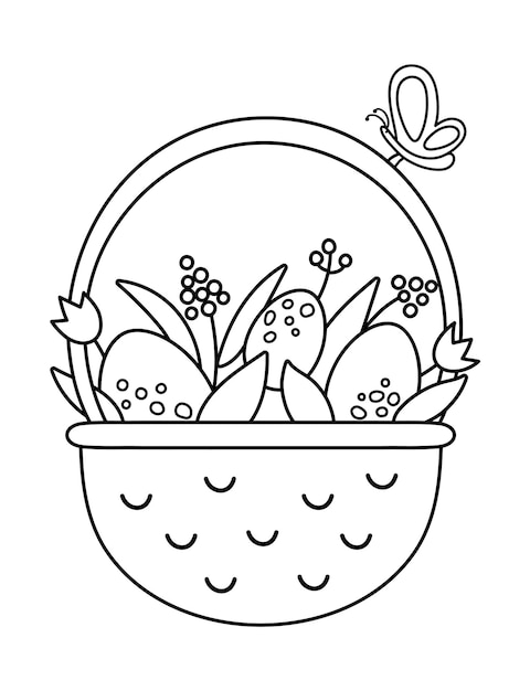 Cesta en blanco y negro vectorial con huevos, flores e icono de mariposa Esquema de Pascua símbolo tradicional y elemento de diseño aislado en blanco Linda ilustración de primavera o página para colorear para niñosxA