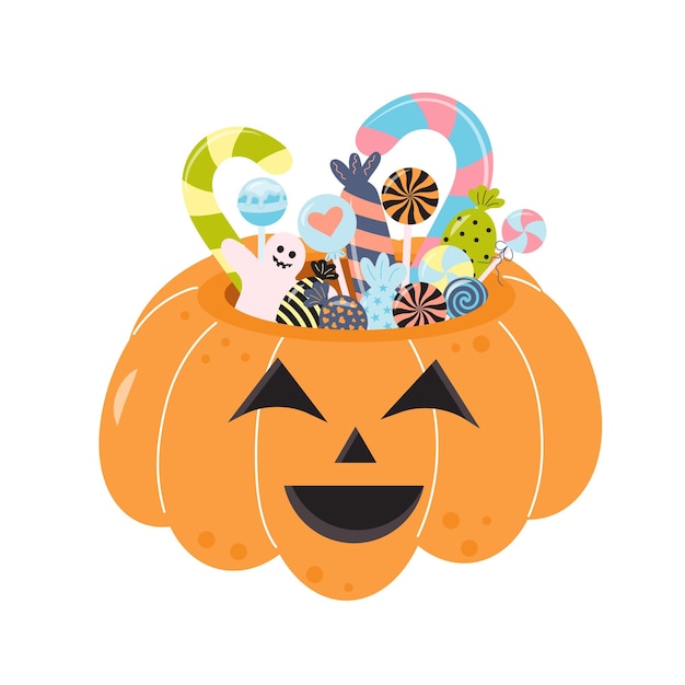 Cesta de calabaza de Halloween llena de caramelos y dulces Golosinas dulces de piruleta para niños