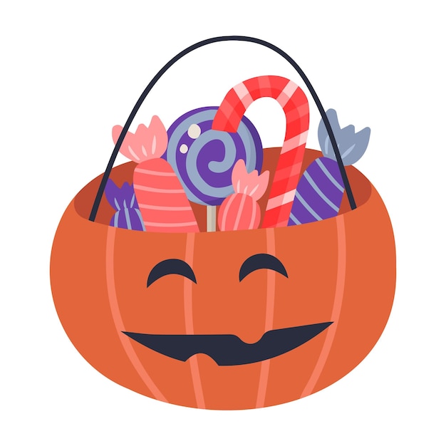 Cesta de calabazas de Halloween llena de dulces y dulces