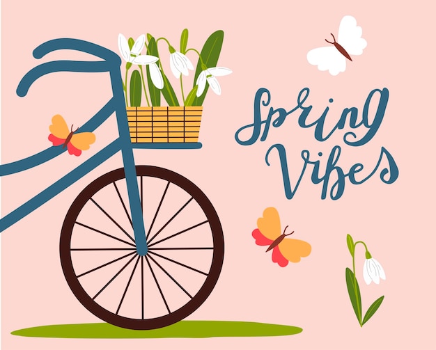 Vector cesta con campanillas en una bicicleta primeras flores de primavera plantilla de tarjeta de felicitación de estado de ánimo de primavera