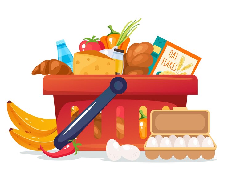 Vector cesta de comestibles tienda de alimentos producto supermercado carro completo concepto diseño gráfico ilustración