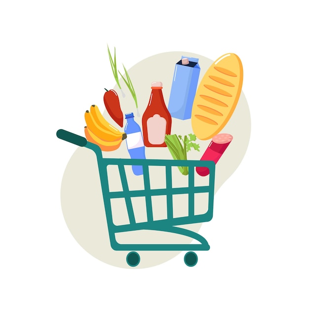 Cesta de la compra completa en el supermercado Tienda de carrito de comida