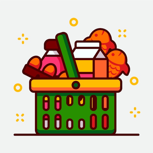 Vector cesta de la compra verde llena de comestibles