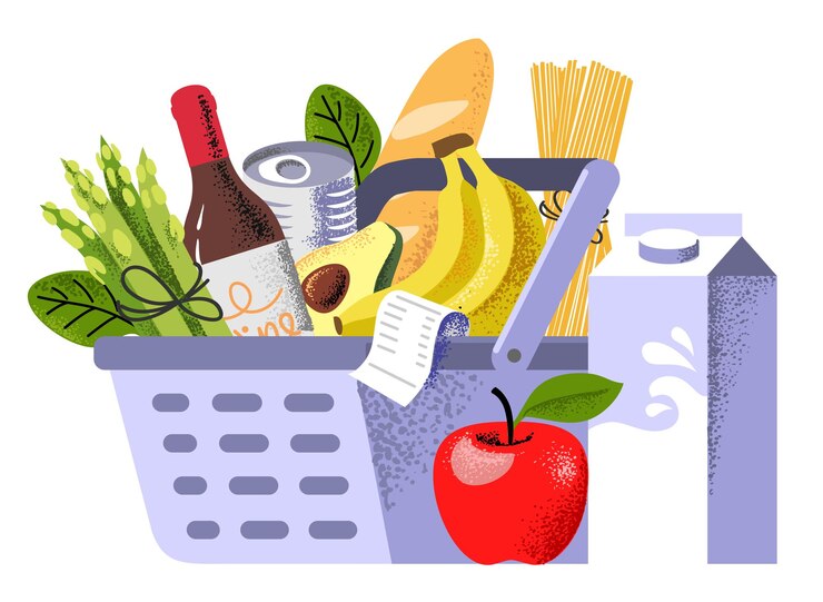 Vector cesta de compras con alimentos venta al por menor de productos de supermercado