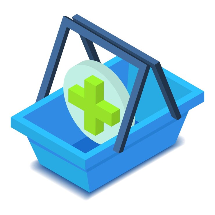 Vector cesta de compras con icono de cruz verde ilustración isométrica del icono de vector de cesta de compras para diseño web