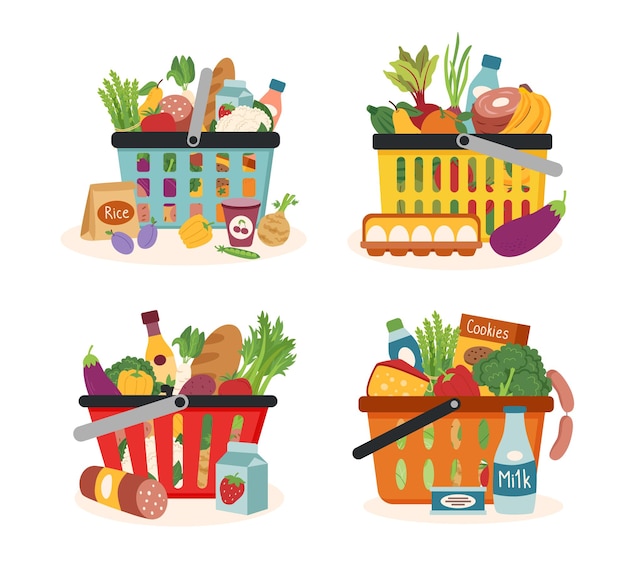 Vector cesta de compras con juego de alimentos1