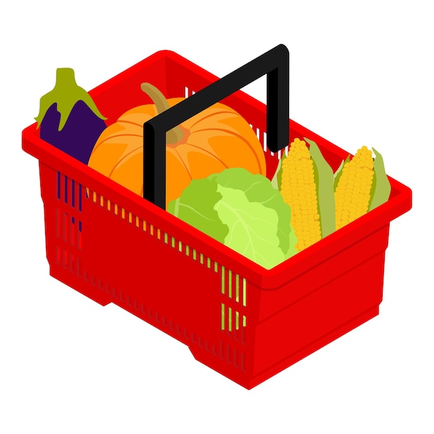 Cesta de compras llena de verduras frescas aisladas sobre un fondo blanco