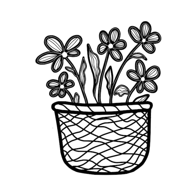 Vector cesta dibujada a mano con flores en estilo garabato