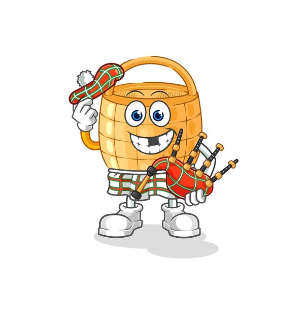Cesta escocesa con personaje de dibujos animados de vector de gaitas