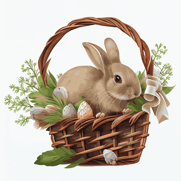 Cesta festiva con lindo conejo y huevos ortodoxos de Pascua sobre un fondo claro Vector