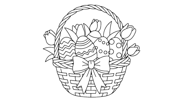Cesta festiva de Pascua con huevos y tulipanes Vector de arte de línea