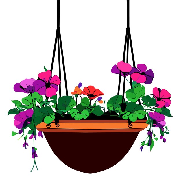 Vector cesta de flores colgada con ilustración vectorial de petunias