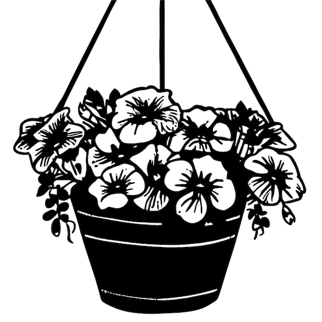 Cesta de flores colgada con ilustración vectorial de petunias
