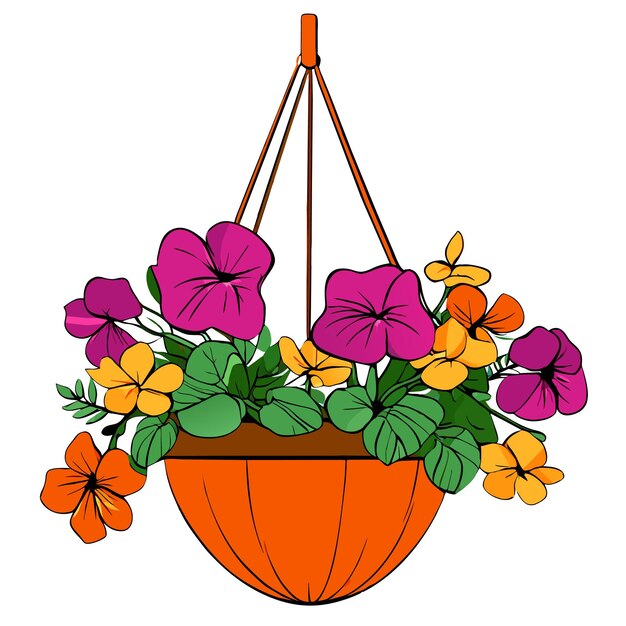 Cesta de flores colgada con ilustración vectorial de petunias