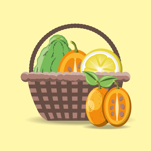 cesta con frutas cítricas sobre fondo amarillo
