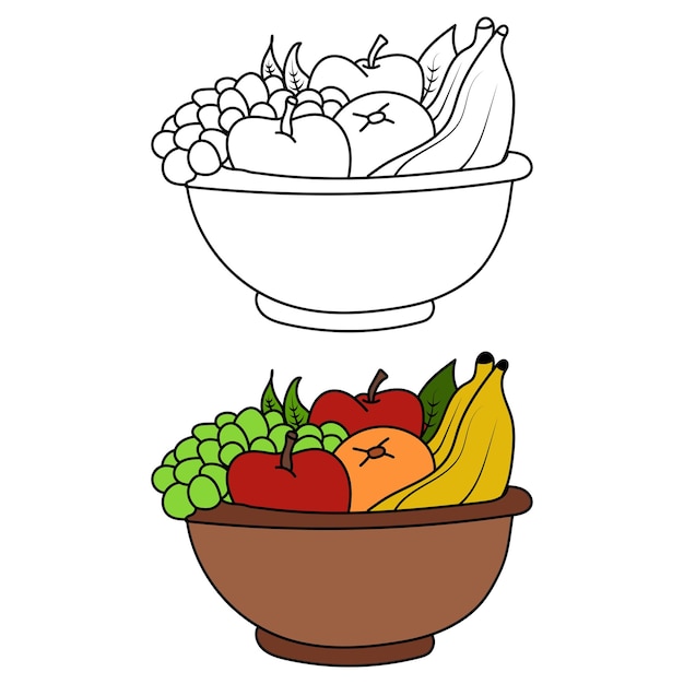 Cesta de frutas Página para colorear para niños Ilustración vectorial EPS e imagen