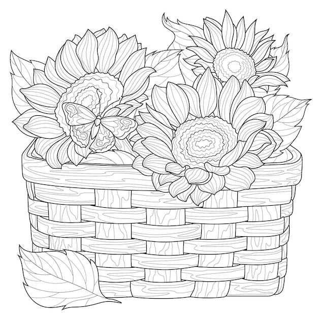 Cesta de girasolLibro para colorear antiestrés para niños y adultos Ilustración aislada sobre fondo blanco