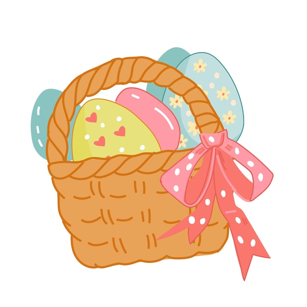 Cesta de huevos de Pascua de colores en la ilustración de vector plano estilo kawaii lindo aislado