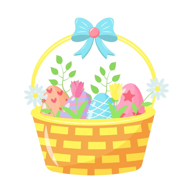 Cesta con huevos de Pascua pintados, tulipanes, chamomiles y ramitas. Hermoso lazo en la parte superior. ilustración vectorial