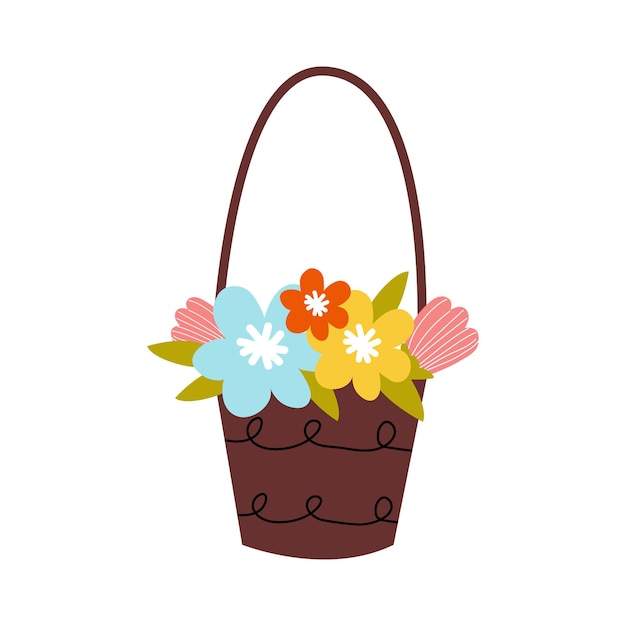 Cesta de ilustración de primavera con flores aisladas en fondo blanco ilustración vectorial plana