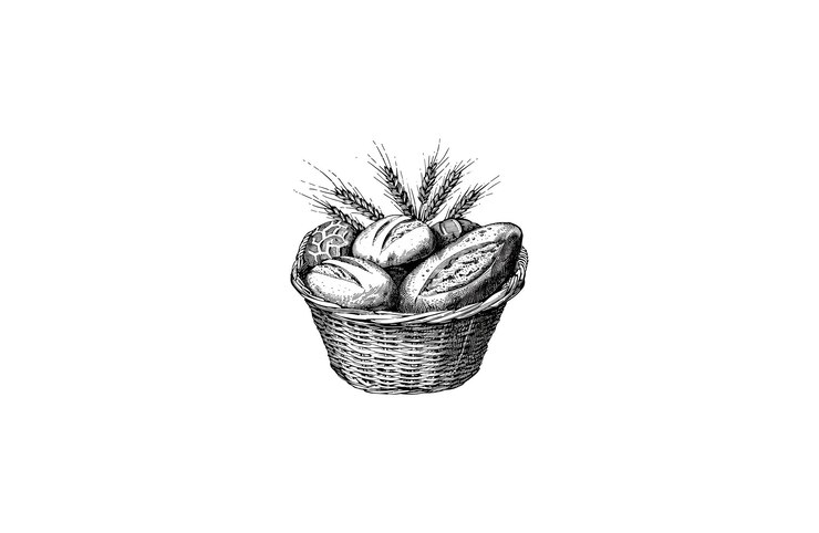 cesta llena de pan grabado vintage dibujo diseño ilustración vectorial