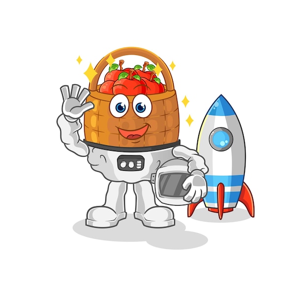 Cesta de manzana astronauta agitando personaje de dibujos animados mascota vector