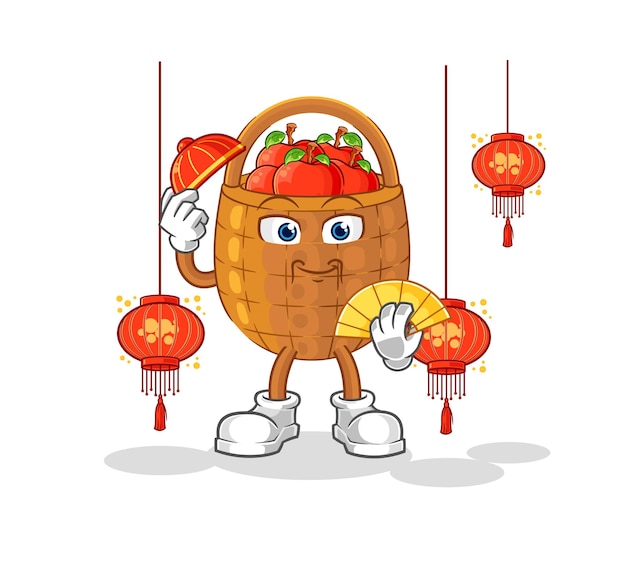 Cesta de manzana china con vector de caracteres de ilustración de linternas