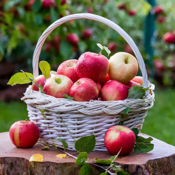Vector cesta de manzanas rojas cosecha de otoño ilustración vectorial en estilo plano