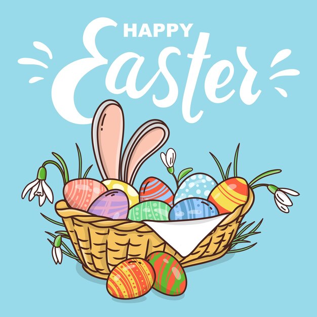 Cesta de mimbre estilo Doodle con huevos de Pascua y orejas de conejo