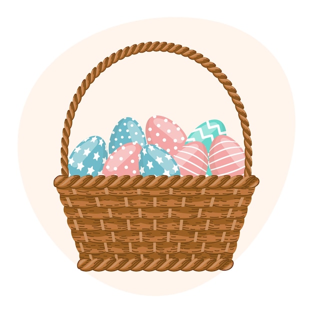 Cesta de mimbre con huevos de pascua vector colorido de la tarjeta de felicitación de la ilustración de pascua