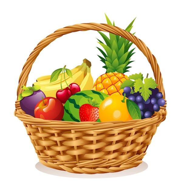 Cesta de mimbre con ilustración de vector de frutas