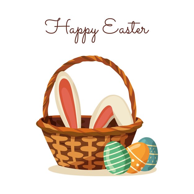 Cesta de mimbre con orejas de conejo de Pascua que sobresalen de huevos de colores y texto de Feliz Pascua