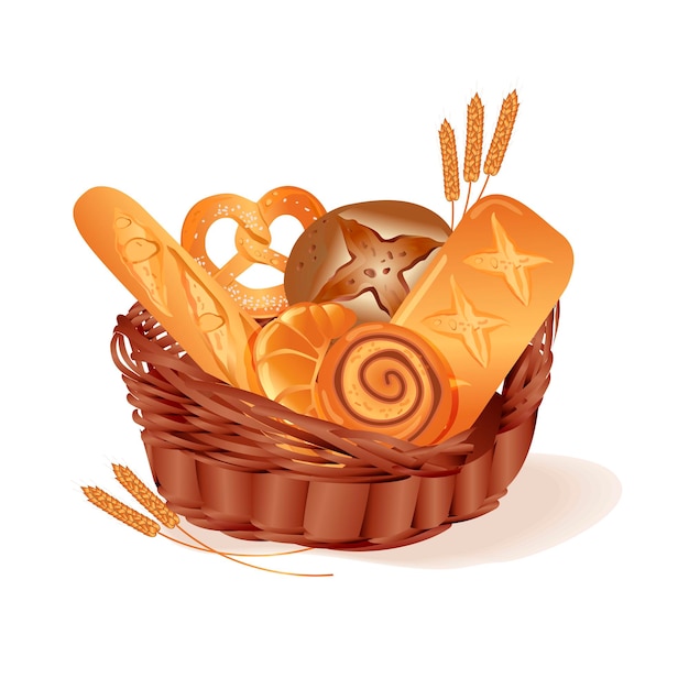 Una cesta de mimbre con pan. Pretzels, bollos, baguette, ciabatta, croissant. Pan fresco de la panadería. Ilustración vectorial sobre un fondo blanco.