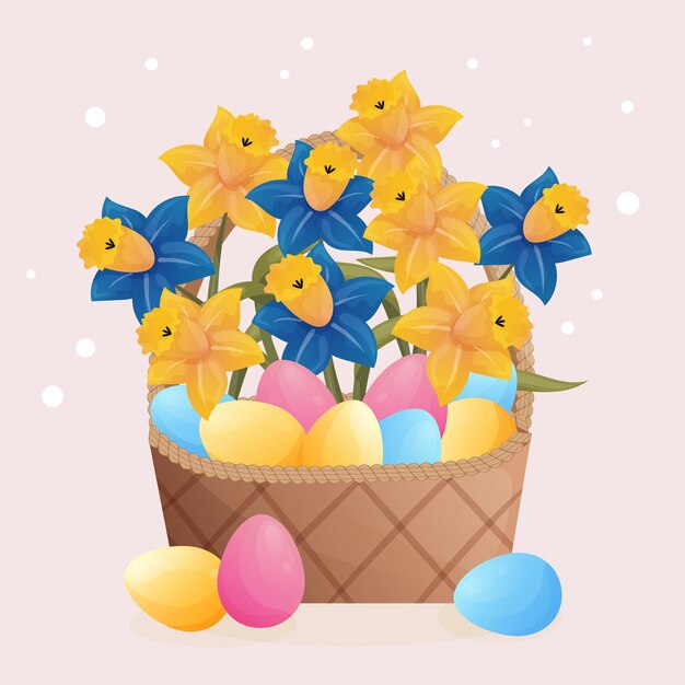 Cesta de mimbre de Pascua de dibujos animados lindo con huevos coloridos y narcisos amarillos y azules
