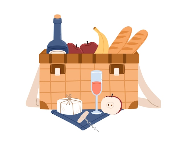 Vector cesta de mimbre de picnic con botella de vino y comida. cesta con bocadillos, frutas, baguettes, queso y bebida alcohólica para el almuerzo de verano. ilustración de vector plano coloreado aislado sobre fondo blanco.