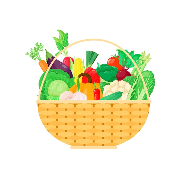 Cesta de mimbre con verduras sobre un fondo blanco.