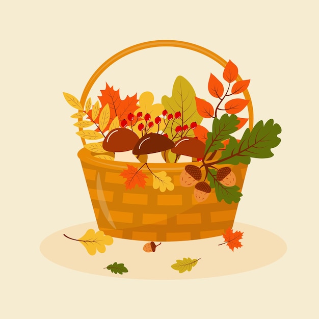 Cesta de otoño con champiñones, hojas de serbal y bellotas Cartel del festival de otoño de dibujos animados