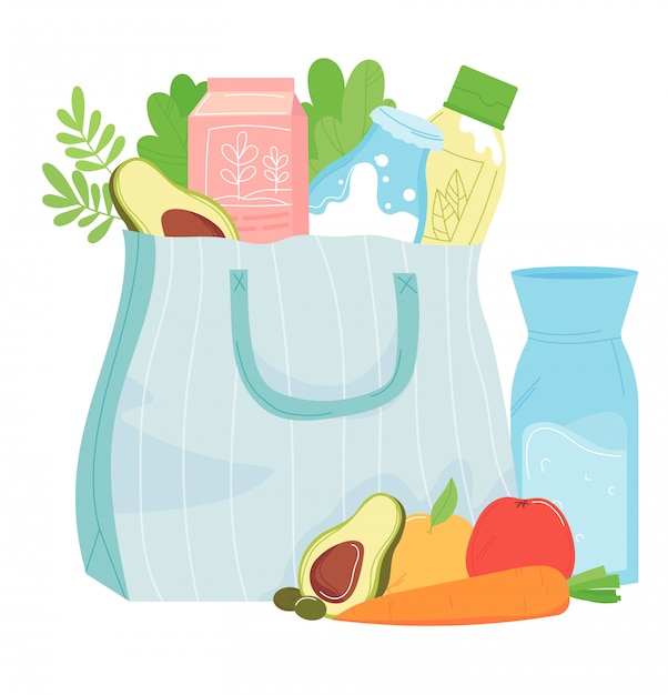 Cesta de paquete de papel de alimentos saludables, leche de alimentos y hierba verde aislado en blanco, ilustración de dibujos animados. Supermercado compras comida de frutas vegetales.