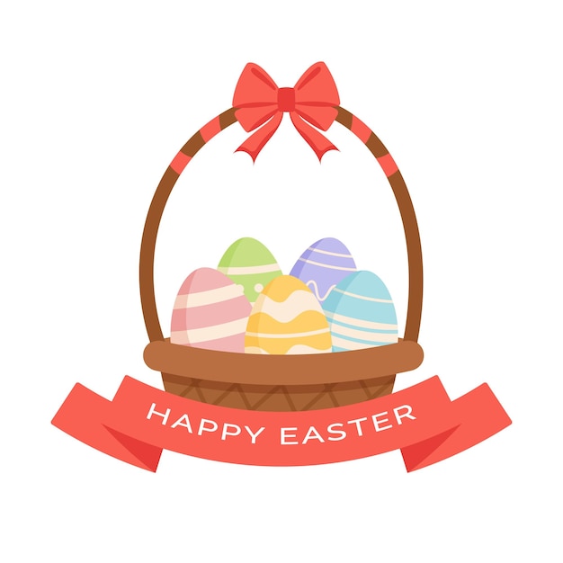 Cesta de Pascua con huevos coloridos y cinta roja Ilustración vectorial aislada