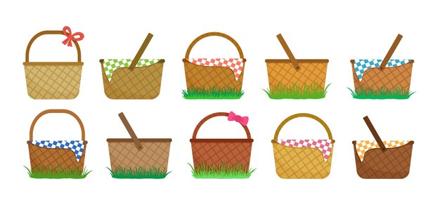 Cesta de pascua o picnic de dibujos animados cubo de mimbre icono de bolsa tejida vacía caja de ratán hecha a mano recipiente de alimentos con mantel sobre hierba ilustración vectorial de paja simple