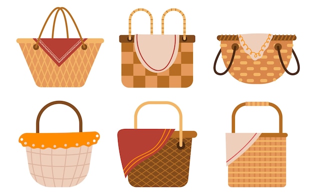 Cesta de picnic aislada conjunto plano ilustración de diseño gráfico