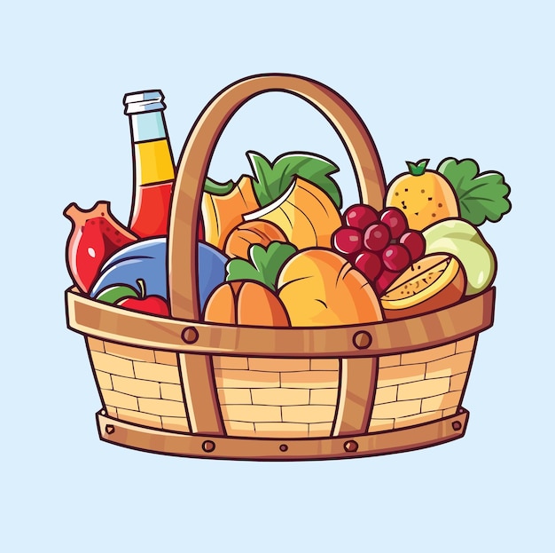 Cesta de picnic con comida bebida y varias frutas ilustración vectorial dibujada a mano