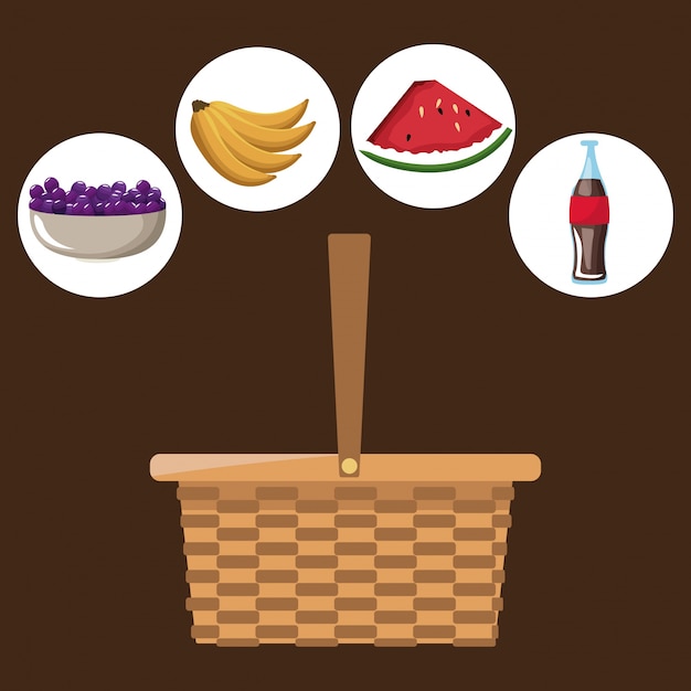 Vector cesta de picnic con iconos de refresco de picnic y frutas