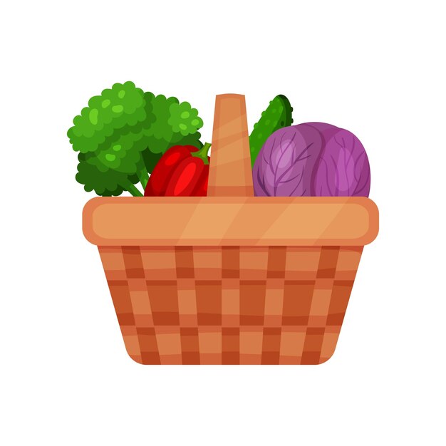Cesta de picnic llena de verduras frescas col roja pepino pimiento y brócoli Comida natural y saludable Icono de vector plano