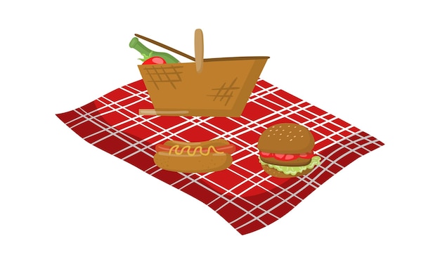 Cesta de picnic en mantel con ilustraciones vectoriales de perritos calientes y hamburguesas