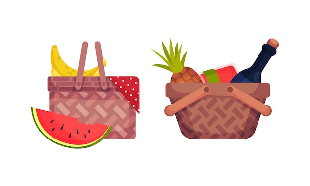 Cesta de picnic de mimbre o colchón lleno de conjunto vectorial de alimentos