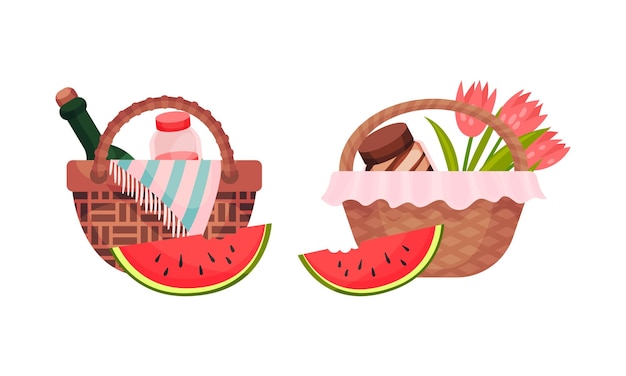 Cesta de picnic de mimbre o colchón lleno de conjunto vectorial de alimentos