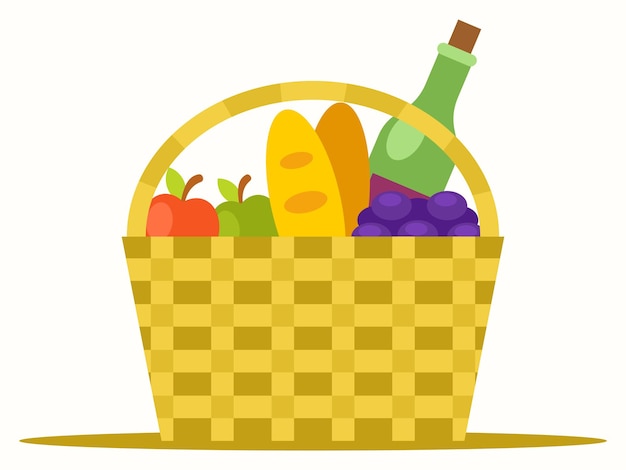 Cesta de picnic con uvas pan manzanas y una botella de vino tinto gráficos vectoriales