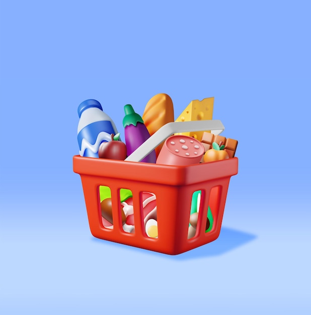 Cesta de plástico de compras 3D con productos frescos Render Tienda de abarrotes Supermercado Alimentos y bebidas Leche Verduras Carne Pollo Queso Salchicha Ensalada Pan Huevo de chocolate Ilustración vectorial