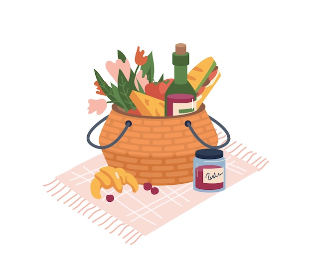 Cesta con productos de picnic icono de dibujos animados plano aislado alimentos y bebidas queso y pan